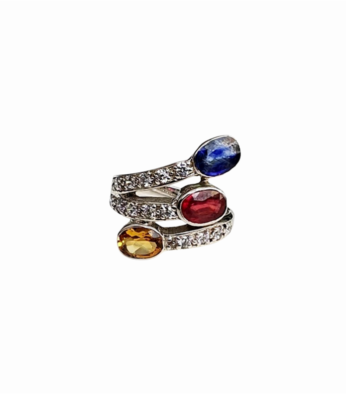 RUBY, SAPPHIRE & CITRINE set with Zirconia in 925 Rhodium Plated Silver Ring (SJ1146)
