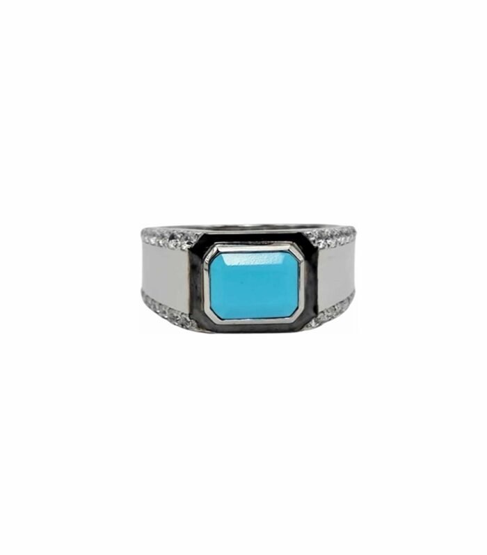 Blue Opal-set with Cubic Zirconia in 925 Silver Men's Ring (13x10mm) (1178)